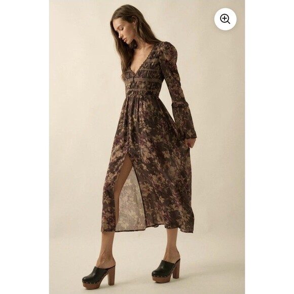 promesa Dresses & Skirts - Promesa Small Brown Boho Blossoms Floral Bell-Sleeve Midi Dress Romantic Whimsy